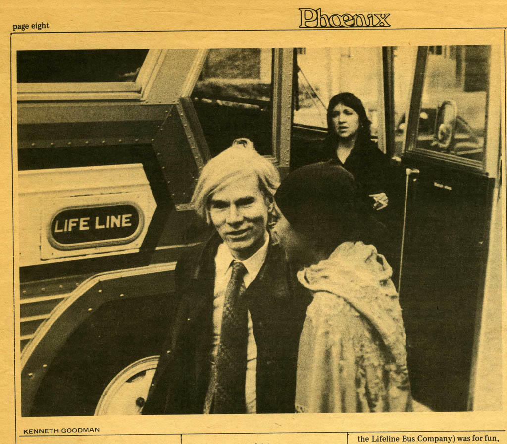 Warhol exiting the chartered tour bus that brought a New York contingent to RISD for the opening. (Photo by Kenneth Goodman, The Phoenix)