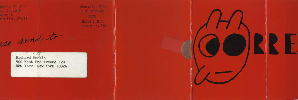 An invitation, written to Merkin in 1976 at his New York residence, for “an exhibition of the letters of Ray Johnson” at the North Carolina Museum of Art. The exhibition included correspondence from Johnson to Merkin. Courtesy of the RISD Archives