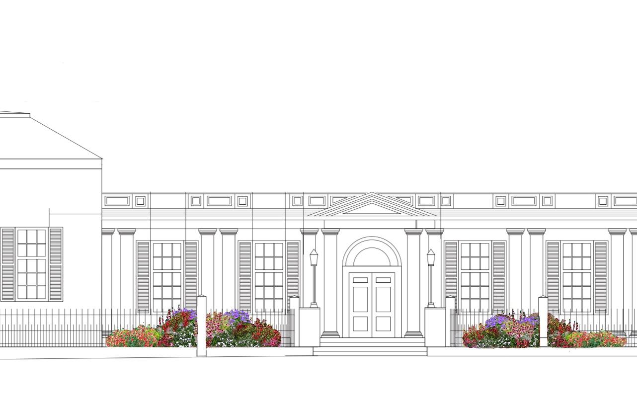 A black and white line drawing of a one-story building with large windows and columns. The front door is flanked by two large collections of bright and colorful wildflowers growing in the ground.