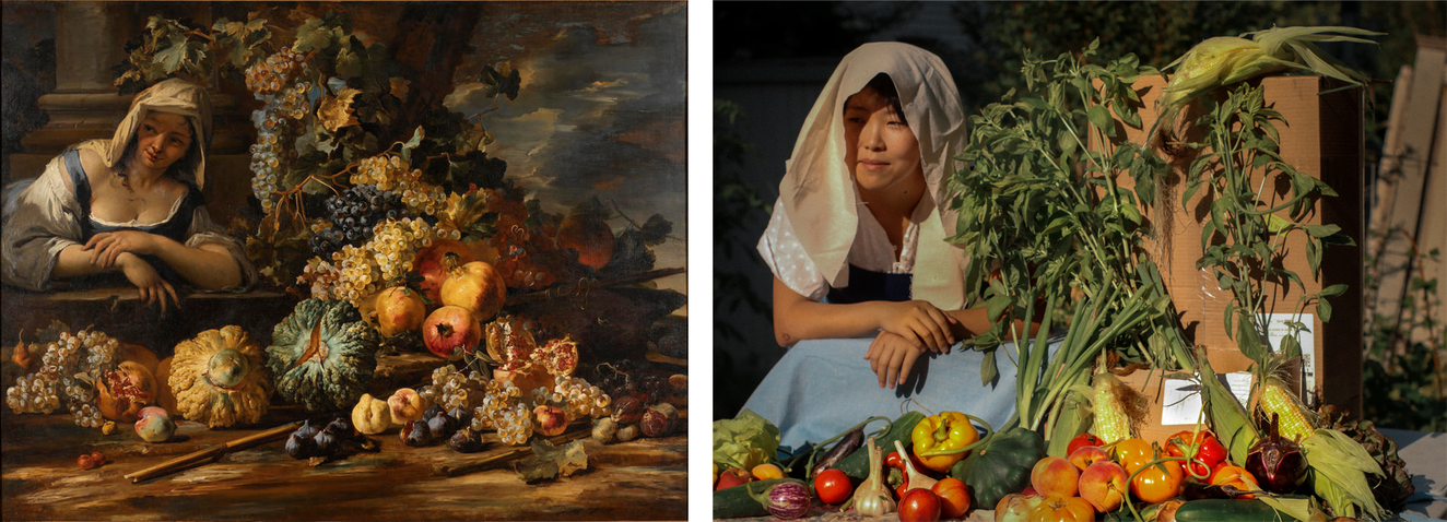 Two images side-by-side. The left image is a 17th-century painting featuring a large heap of fruit and vegetables and a female figure. The right image is a contemporary photograph recreating the scene.