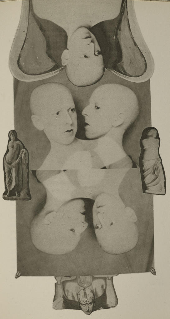 A photomontage featuring quadrupled, merged, and mirrored bust-length surreal portraits of the artist with a bald head surrounded by collaged images, including statues of Hermaphroditus and Aphrodite.