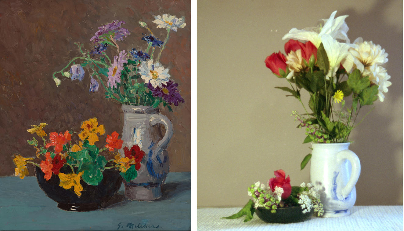 A painting at left depicts a vase and a bowl containing flowers. A photograph on the right shows a recreation of the same scene.