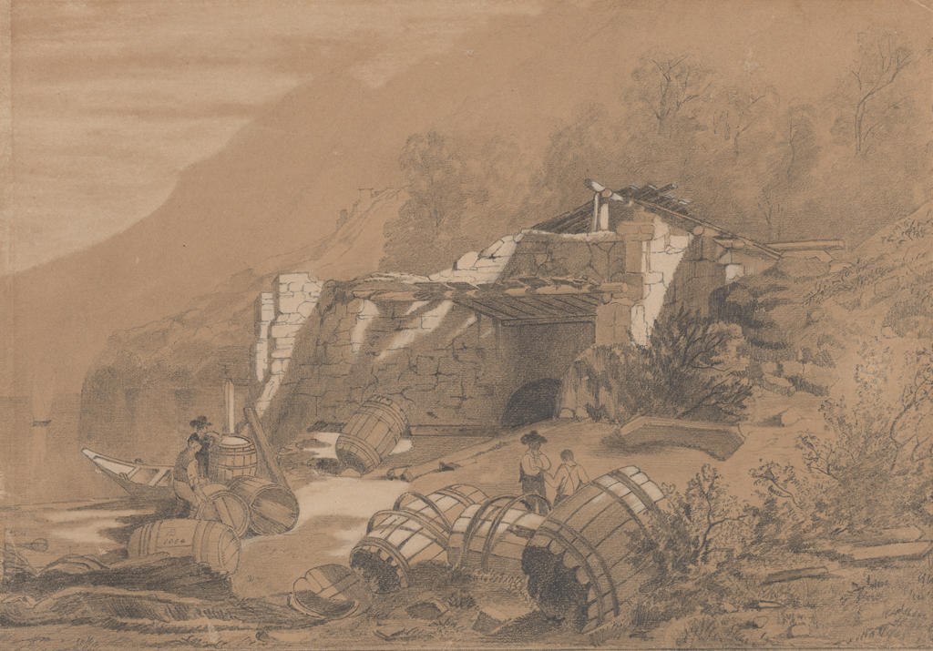 Drawing of a yard of a cooperage on the banks of the Rhine. a landscape depicted of tan tone of a smooth-surfaced paper.