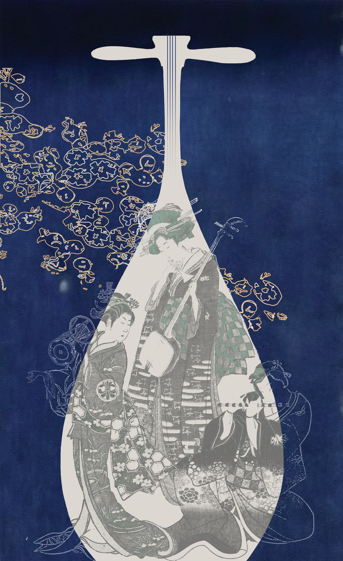 The silhouette of a white lute is overlaid with woodcut images of three musicians. The lute is centered on a dark blue background embellished with orange and white flowers and leaves. 