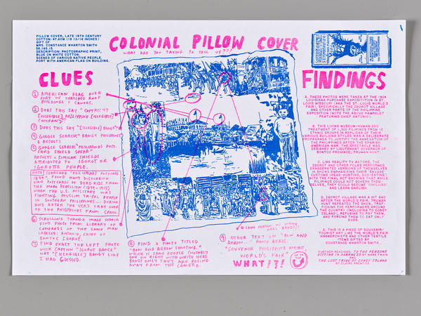 Screenprinted graphic of Colonial pillow case created by Walker Mettling. Contains clues and findings for his research.
