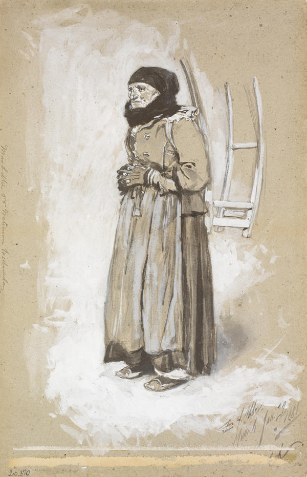 Old peasant woman standing, with gloved hands folded across her waist. She's wearing heavy clothing, scarf and hat. 