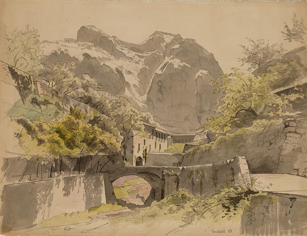 Pen and ink drawing depicting a great ravine in Amalfi, stone bridge and in the distance stucco buildings and roof of a barn.