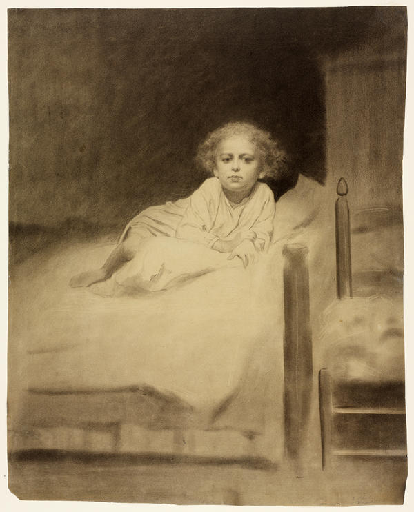 Drawing depicting a young child lying on a bed,  the eyes and chin with deep shadows and relies on the brightness of the paper to emphasize the nose and brow. The effect of lamplight is suggested by the color of the paper as revealed through black veils of charcoal.
