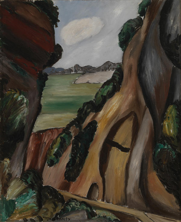 Vertical composition depicting a narrow gorge whose high granite cliffs extend the length of the painting on both sides and are cropped at the upper left and right. 