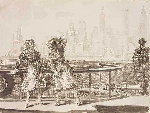 Two young women standing on deck the Staten Island ferry on its approach to Governors Island. A middle-aged gentleman in a fedora looks towards the downtown skyline in a panorama view across southern tip of Manhattan. 
