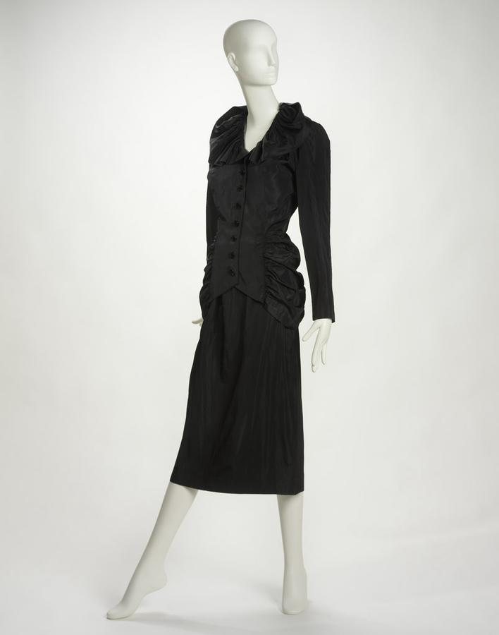Black acetate woman's suit with ruching | RISD Museum